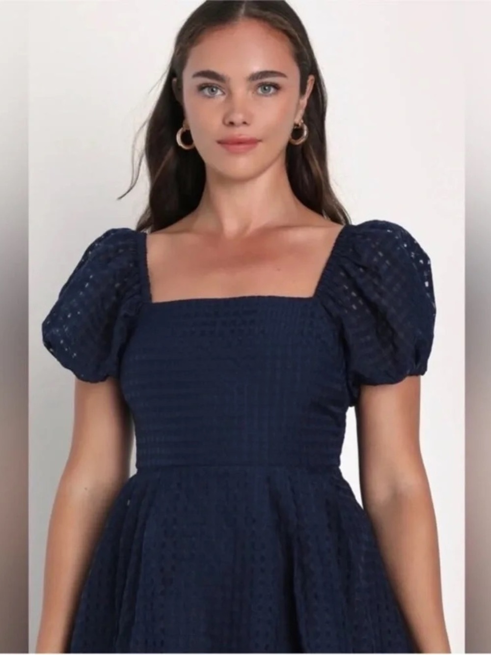 Square Neck Puff Sleeve Dress in Navy